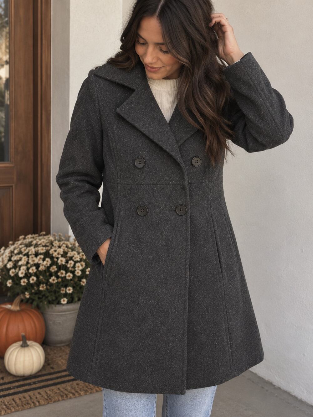 Charcoal Gray Double-Breasted Wool Trench Peacoat Winter Coat Women's Size S